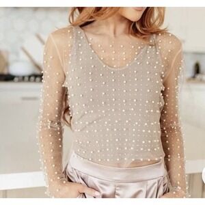 New Haute Monde Transparent Beige Mesh Top with Faux Pearl Size S Festival